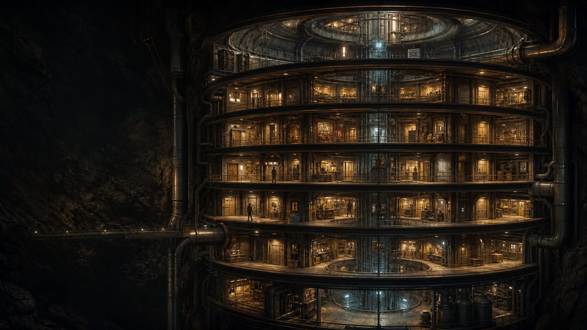 Original illustration of a multi-level underground silo lit by warm amber lights, with catwalks and a small human figure for scale.